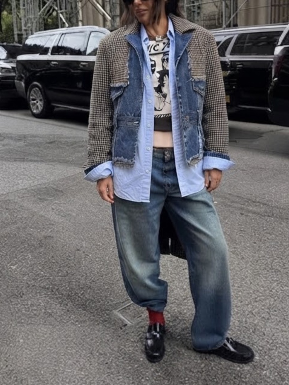 Mixed Media Denim and Houndstooth Jacket Sz M